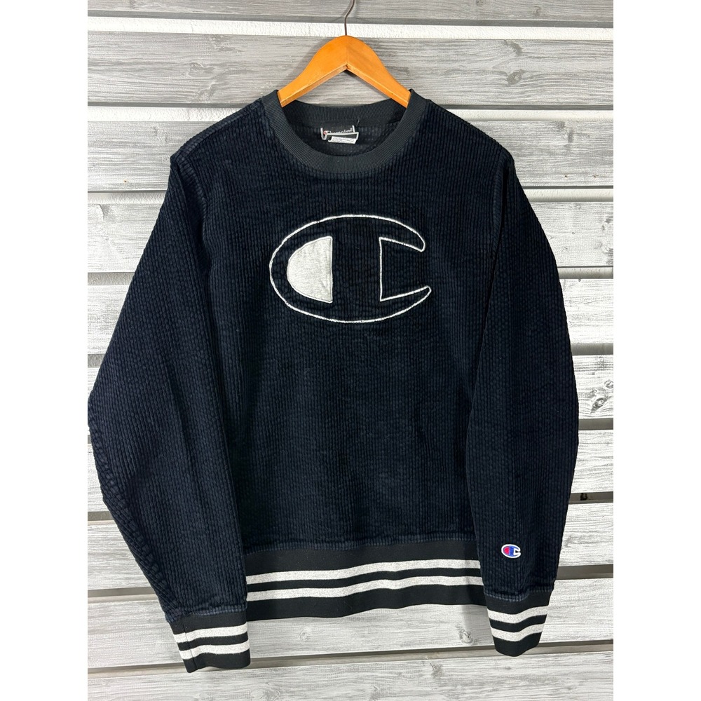 Vtg Champion Mens M Corduroy Sweatshirt Big Logo Ribbed Crewneck Black Heavy